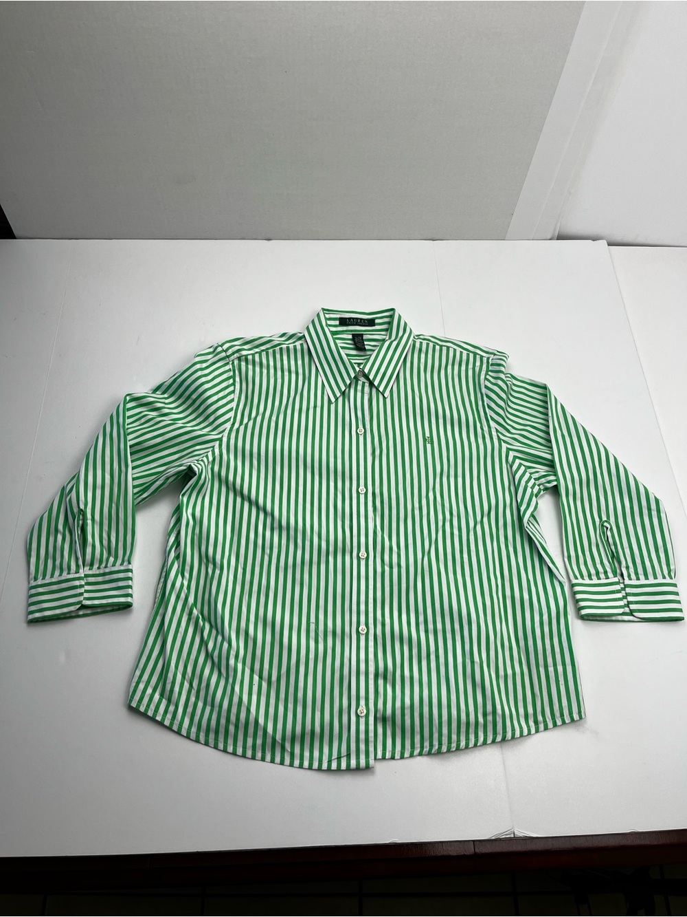 Lauren Ralph Lauren Kelly Green White Stripe 3/4 Sleeve Button Shirt XL *FLAW